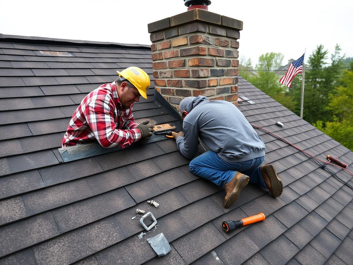 Roofers repairing shingles and chimney flashing on a residential roof