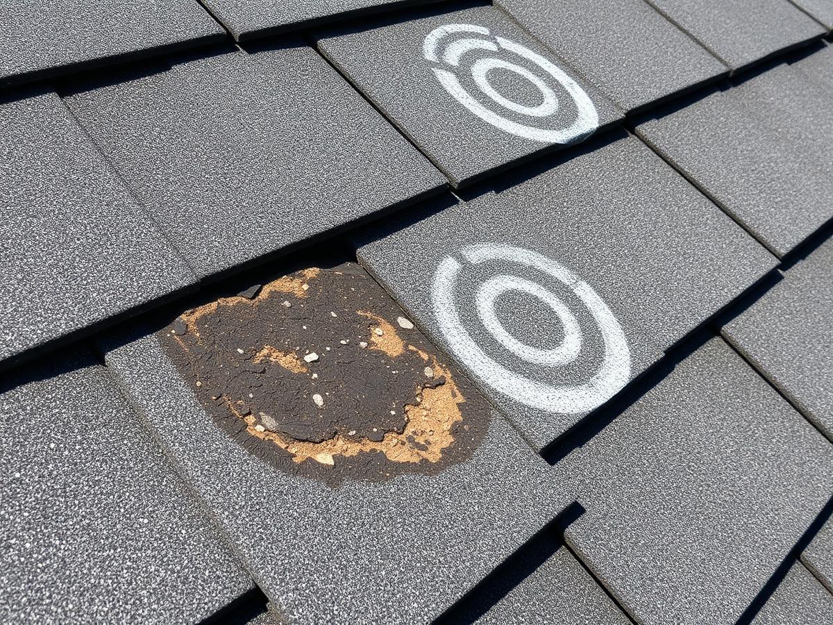 Close-up of hail-damaged asphalt shingles marked during a roof inspection